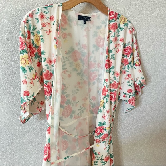 1. State Cream Wrap Midi Dress Flutter Sleeve w/ Pink Yellow Green Floral Size 8 - Picture 7 of 12